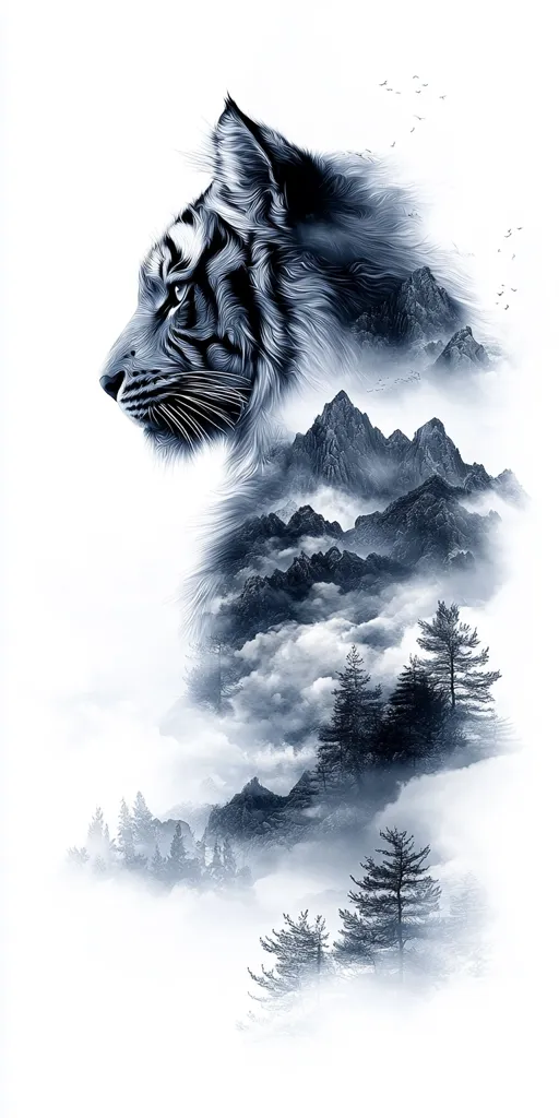 A white tiger's profile is rendered in a watercolor style, its fur blending seamlessly with a misty mountain landscape. The image is dominated by cool tones of blues and grays, creating a sense of serenity and mystery. The tiger's gaze is directed towards the horizon, suggesting a sense of watchful anticipation. The overall effect is both captivating and ethereal.