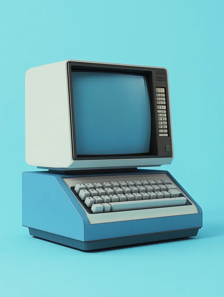 The image depicts an old-fashioned computer with a large, rectangular monitor. The monitor has a black and white design with a light blue screen. The computer has a blue body with a white keyboard. The computer is sitting on a light blue background, creating a stark contrast. The overall appearance is reminiscent of early personal computers from the 1980s.