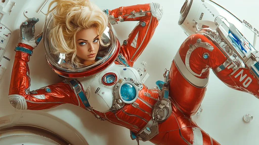 A woman in a red and white spacesuit with a clear helmet is laying on a white surface. Her blonde hair is tousled, and her eyes are bright blue. She looks confidently into the camera.  Her suit is detailed and intricate, with a variety of buckles and straps. There is a large, white, cylindrical object in the background. The image is visually striking and futuristic.
