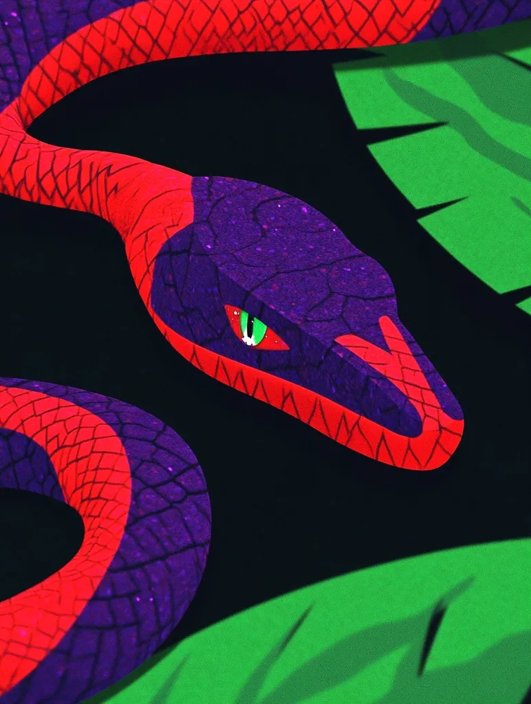 A vibrant snake with a red and purple patterned body is coiled on a dark background. Its green eyes are visible, and the snake's scales are textured and shiny. The background features a large green leaf, creating a striking contrast against the snake's colorful body.