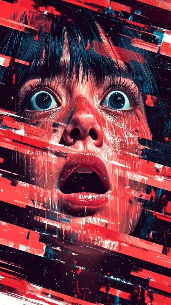 The image is a close-up of a woman's face, with a focus on her wide-open eyes and shocked expression. Her mouth is agape, and her lips are painted a bright red. The background is a blur of red and black stripes, creating a sense of chaos and disorientation. The overall effect is one of intense fear and alarm.
