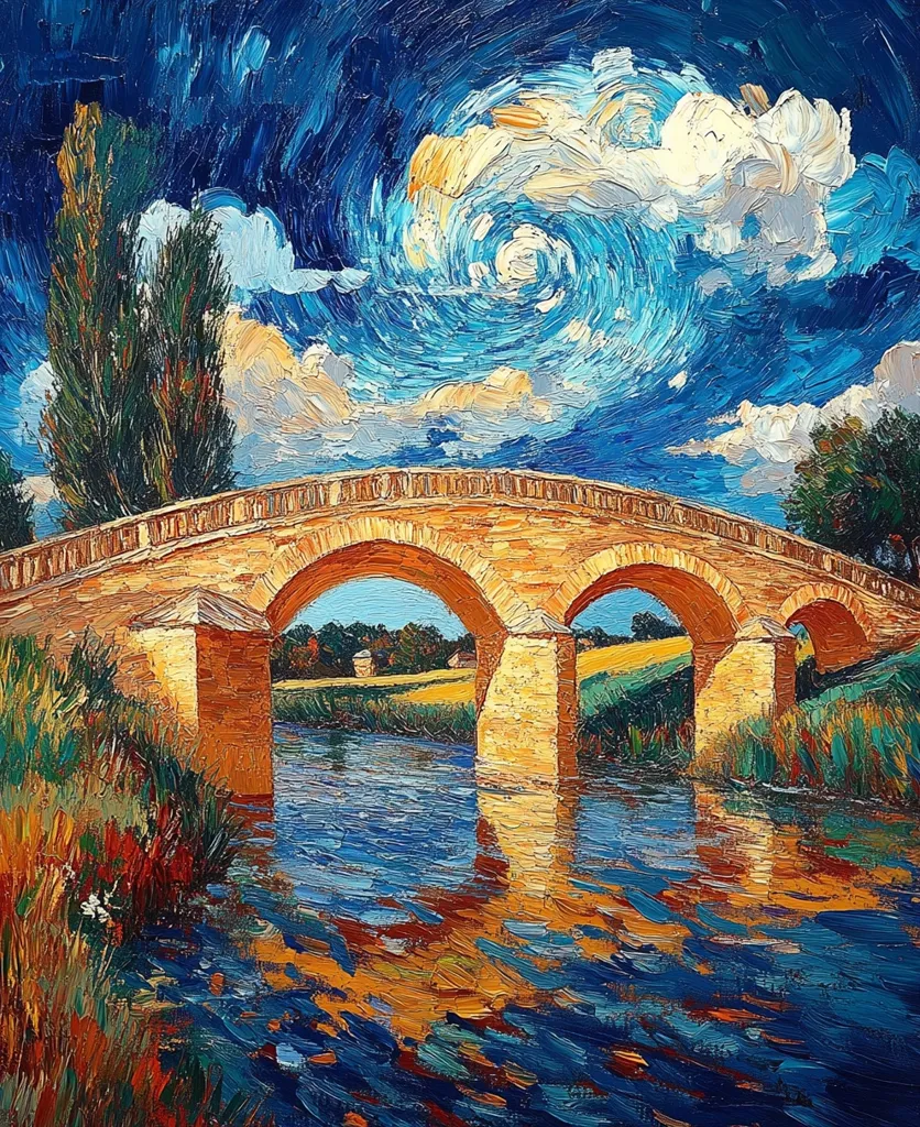 The painting depicts a stone bridge over a river, with a swirling blue sky and puffy white clouds above. The bridge has three arches and is painted in a thick, textured style, giving it a three-dimensional appearance. The water below reflects the sky, creating a shimmering effect. The surrounding landscape is lush and green, with trees lining the banks of the river. The overall impression is one of tranquility and beauty.