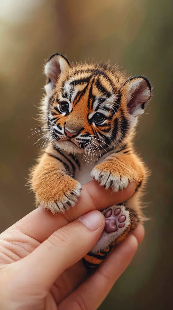 A tiny tiger cub is being held in a person's hand. Its orange and black stripes are visible, and its small, pink paws are curled around the person's fingers. The cub has big, dark eyes and a sweet expression on its face. The background is blurry, but it appears to be a natural setting.  The cub looks very small and vulnerable, but also adorable.
