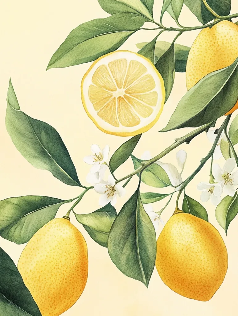 A watercolor illustration of a lemon tree branch. Lush green leaves surround three ripe yellow lemons and a slice of lemon. White flowers bloom on the branch, adding a touch of delicate beauty. The illustration is set against a soft yellow background, creating a sense of warmth and sunshine.