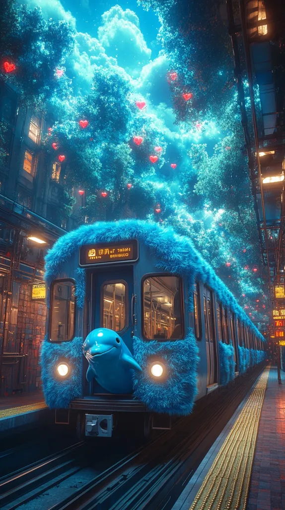 A train, covered in blue fur, is parked at a station. A dolphin is peeking out of the front window. The train is surrounded by lush green trees, and the sky is a vibrant blue with fluffy clouds. The image is filled with a whimsical and surreal aesthetic, as if the train has come straight out of a dream.