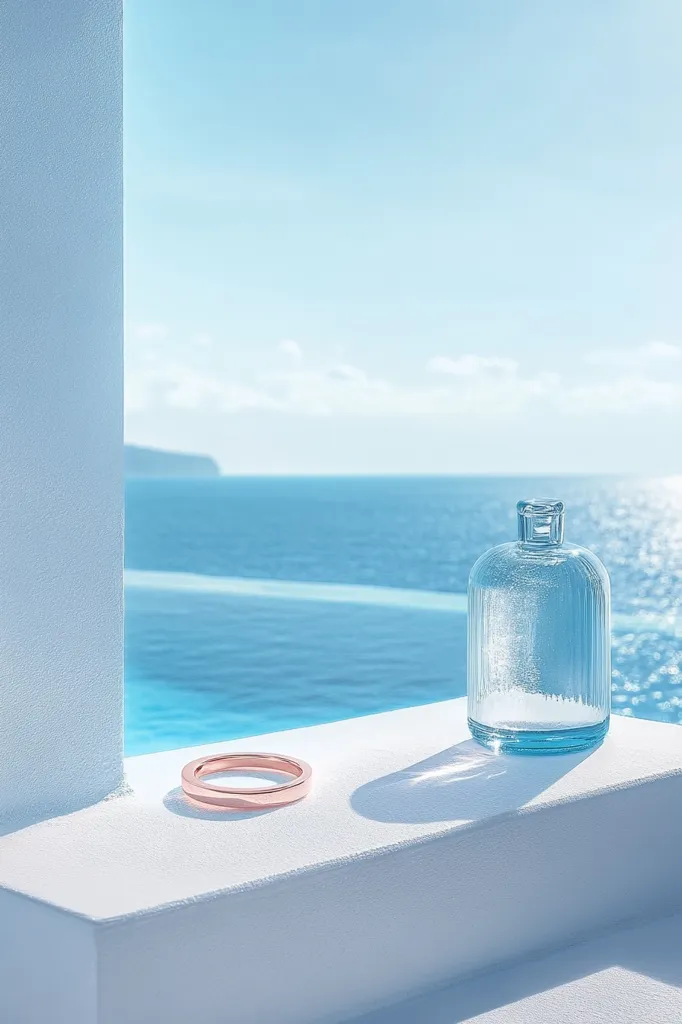 The image shows a simple, minimalist scene with a rose gold ring and a glass bottle placed on a white ledge overlooking a blue pool and the ocean. The sky is a pale blue, and the sun is shining brightly. The image is serene and tranquil, creating a sense of peace and tranquility.