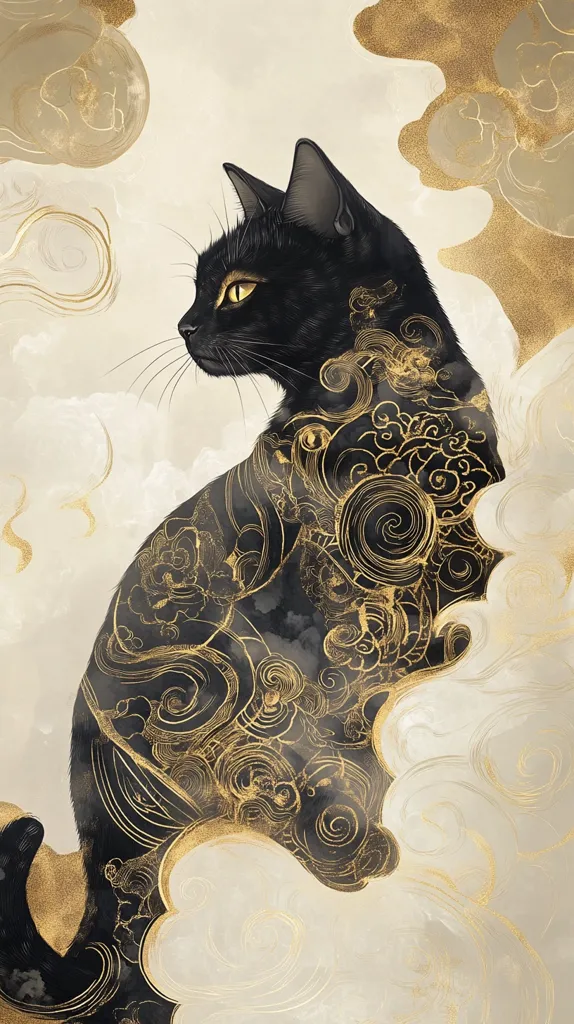 A black cat with golden eyes sits against a background of swirling, ethereal gold and white clouds. The cat's fur is covered in intricate patterns of gold, resembling traditional Japanese art. It looks regal and elegant, with a serene expression. The overall aesthetic is one of luxury and beauty.