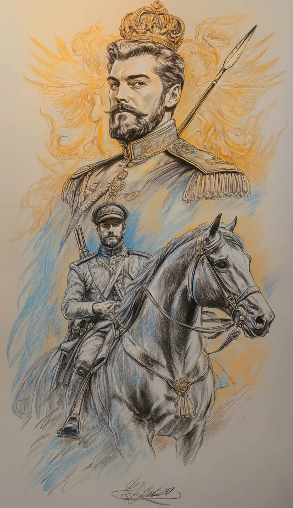 The image is a pencil drawing of a man in a military uniform, riding a horse. He is wearing a crown and appears to be a royal figure. He is riding towards the left side of the image and is partially obscured by the figure of another man in the background. The background is filled with faint lines suggesting a golden light and a wing like shape. The man in the foreground appears to be riding at a slow pace. The image is likely a portrait of a historical figure.
