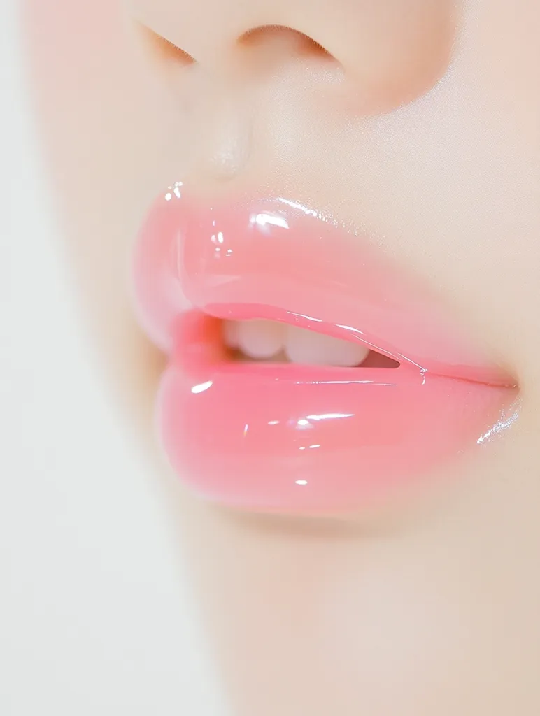 The image shows a close-up of a person's lips. The lips are full and pouty, with a light pink color. The gloss is shiny and reflective, making the lips appear even more plump and juicy. The lips are slightly parted, revealing a glimpse of the person's teeth. The overall effect is one of beauty and sensuality.