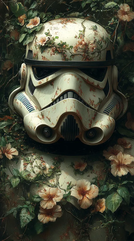 A Stormtrooper helmet, weathered and overgrown with vines and flowers, lies amidst a lush garden. The helmet is partially obscured by foliage, creating a sense of decay and the passage of time. The flowers are delicate and vibrant, contrasting with the starkness of the helmet, suggesting a battle fought and lost. The image evokes a sense of beauty and tranquility within a scene of destruction.