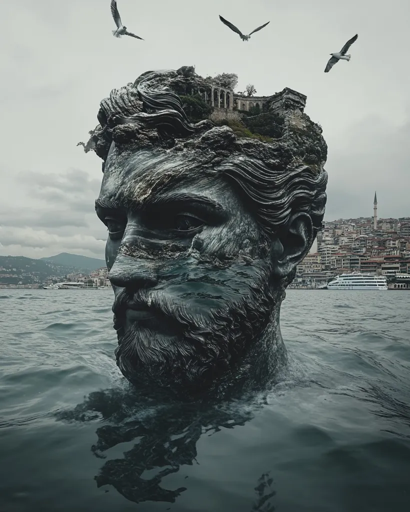 The image shows a large, stone head partially submerged in a body of water. The head is covered in a thick beard and has a small, ruined city on top of it. The water reflects the overcast sky and the city in the background. Three seagulls fly overhead. The overall mood is somber and melancholic.