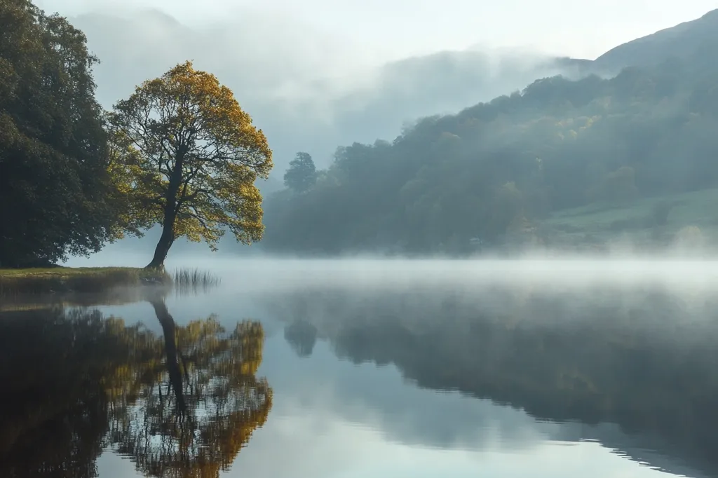 A solitary tree with golden leaves stands on the edge of a still lake. The water reflects the tree and the misty hills beyond. The atmosphere is serene and tranquil, with a sense of peace and isolation. The fog adds to the mysterious and ethereal beauty of the scene.