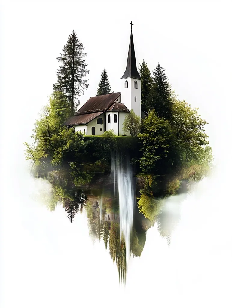 A white church with a brown roof sits atop a small, green island. The island is surrounded by trees and a waterfall.  The image is a surreal, dreamlike scene that suggests a place where nature and architecture blend seamlessly. The image is rendered in a soft, ethereal style, with the colors muted and the lines blurred. This creates a sense of mystery and wonder, inviting the viewer to imagine what lies beyond the scene.
