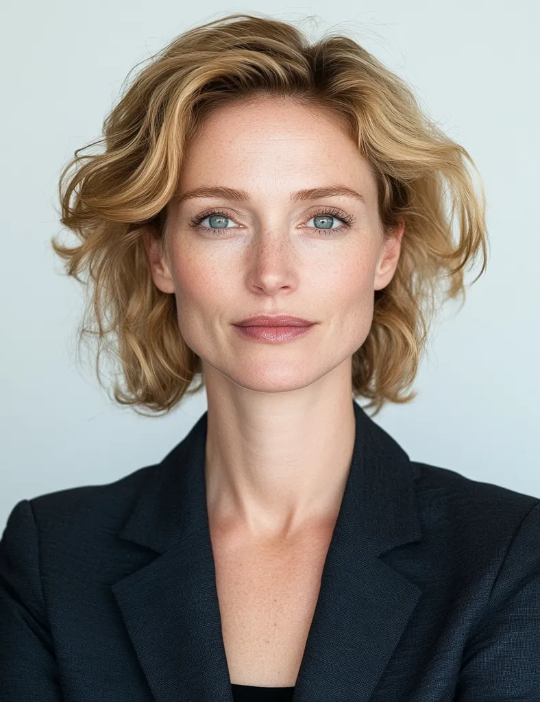The image shows a woman with blonde, wavy hair wearing a dark blazer. She has a neutral expression on her face and appears to be looking directly at the camera. Her skin is fair and her eyes are blue. She is standing in front of a plain white background.  The image is likely a professional headshot or portrait.