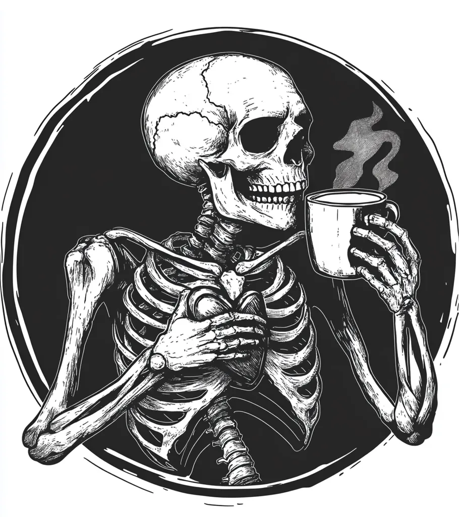 The image depicts a skeleton holding a steaming mug of coffee with one hand and holding its ribcage with the other. The image is rendered in black and white and appears to be a hand-drawn illustration. The background is a dark circle with a rough texture. The skeleton's expression is neutral and its eyes are empty sockets. The image gives off a dark and macabre vibe.