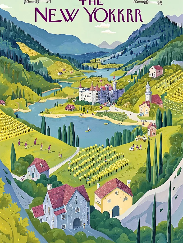 The image is a colorful illustration of a picturesque landscape.  It features rolling hills, a winding river, a quaint village, and a majestic castle nestled amidst the greenery.  The scene evokes a sense of tranquility and beauty, reminiscent of a fairytale setting.  The bright colors and whimsical details contribute to the charming and idyllic atmosphere. The "New Yorker" title suggests a connection to the publication, potentially highlighting the magazine's appreciation for artistry and the beautiful things in life.