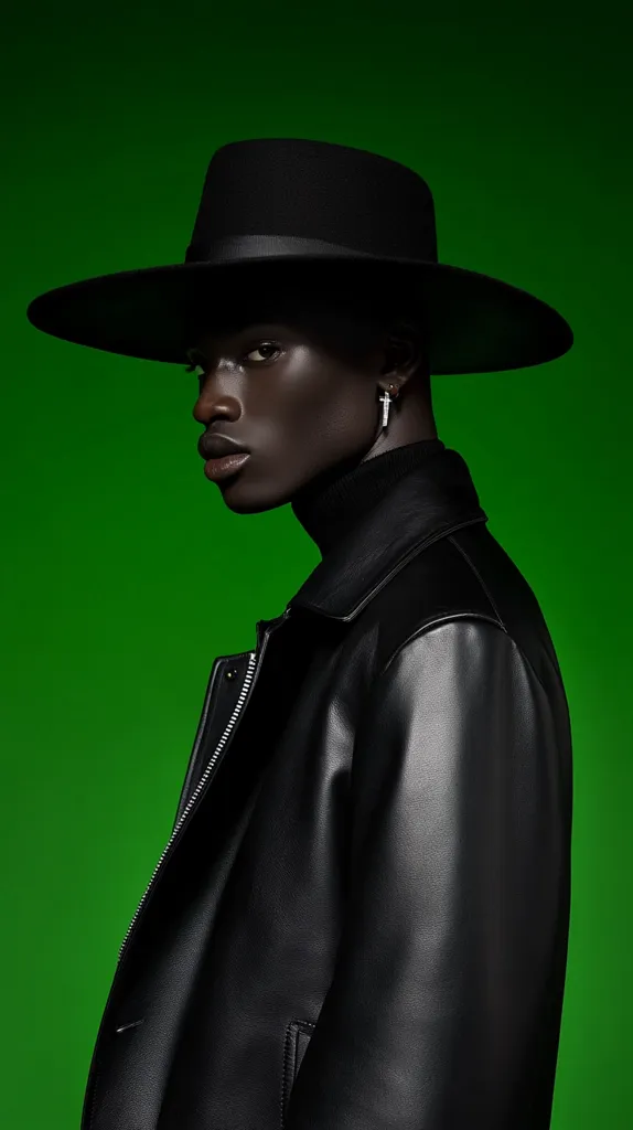 A young man in a black leather jacket and a wide-brimmed black hat stands against a vibrant green backdrop. The hat casts a shadow over his face, highlighting his sharp jawline and piercing gaze. His dark complexion is contrasted by the bright green background, creating a striking visual.  A silver earring adds a touch of sparkle to his look.  His pose is both mysterious and alluring, capturing the essence of cool confidence.