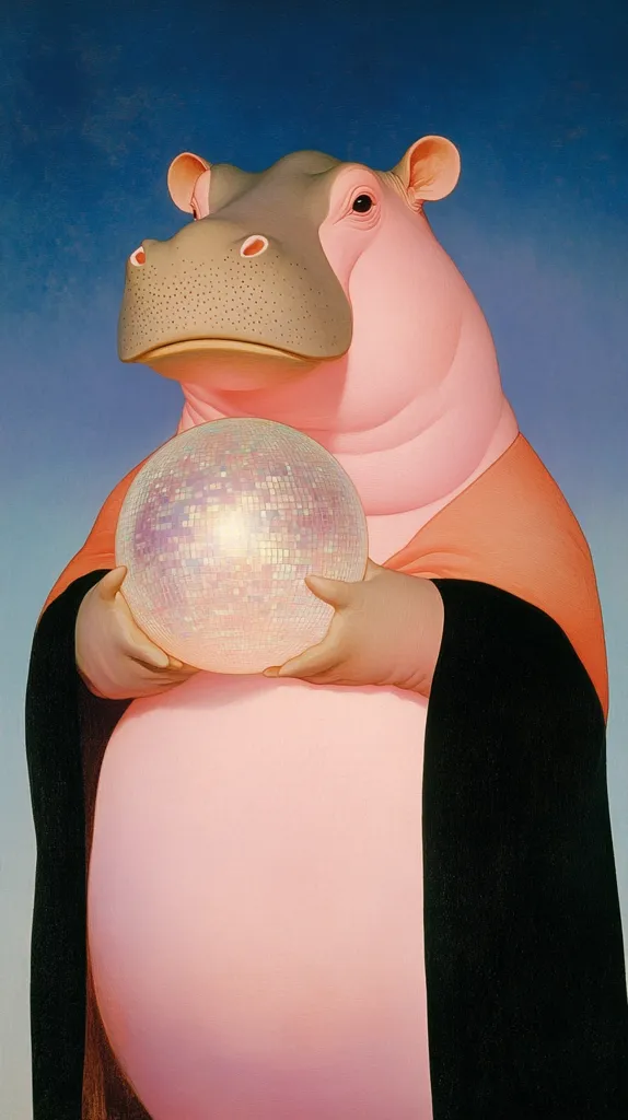 A pink hippopotamus wearing a black and orange robe is holding a large, iridescent disco ball in front of a light blue background.  Its expression is serious and its large eyes are fixed on the ball. The hippopotamus has a large, prominent nose and wrinkles on its face.