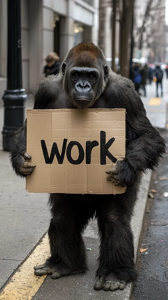 A large, black gorilla stands on a city street holding a cardboard sign that reads "work". The gorilla is wearing a serious expression and is looking directly at the camera. There are people walking by in the background, and the city street is paved with gray concrete. The sign is held up in front of the gorilla, obscuring some of its body.