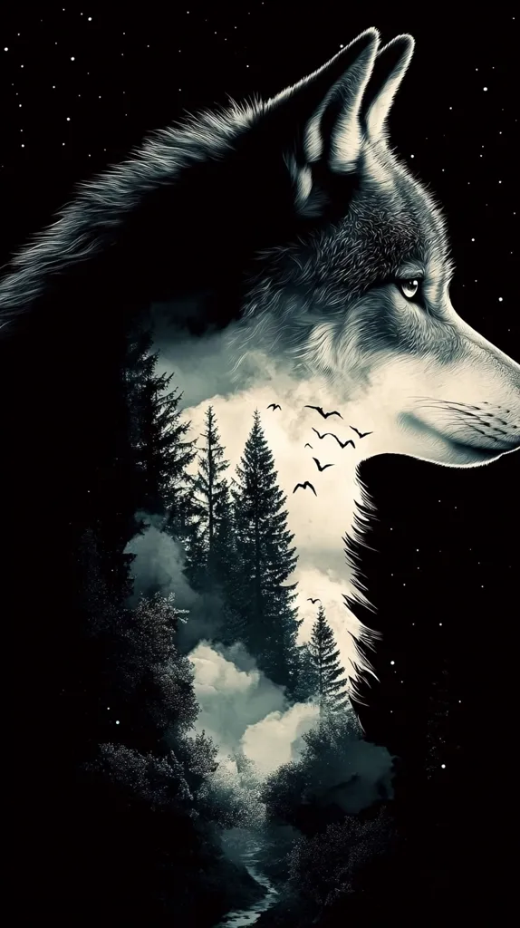 The image is a silhouette of a wolf's head, with a forest scene superimposed over its face. The wolf's face is in profile, with its eye visible. The forest scene includes tall trees, a stream, and a few birds flying. The background is a dark sky with stars. The overall effect is one of mystery and beauty.