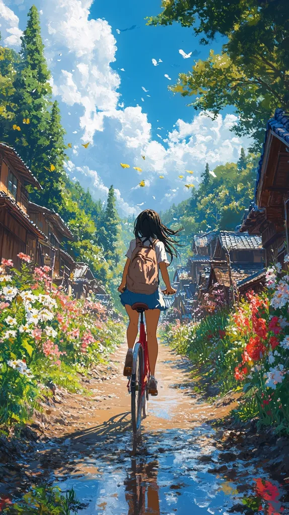 A young woman with long brown hair rides a bicycle down a path lined with colorful flowers. The path is muddy and wet, with puddles reflecting the blue sky and fluffy white clouds. The setting is a quaint village with traditional Japanese houses and lush green trees. The scene evokes a sense of tranquility and the beauty of nature.  Birds fly overhead, adding to the peaceful atmosphere.  The image captures a moment of simple joy and adventure.