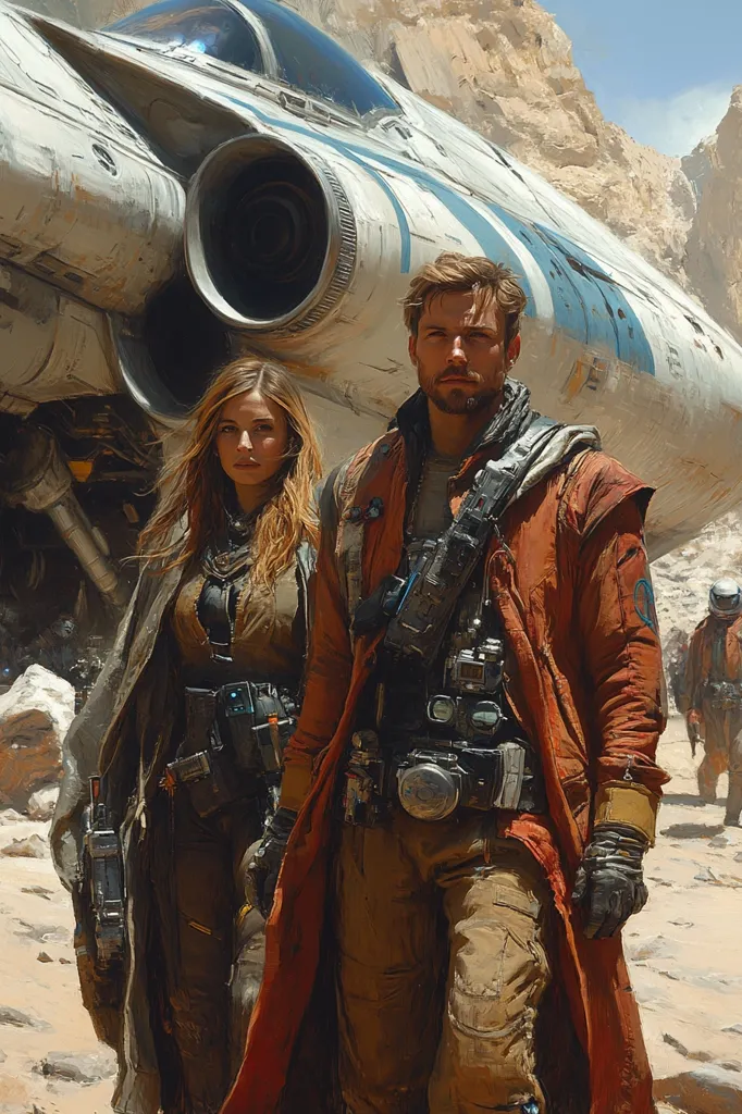 Two individuals, a man and a woman, stand in front of a large, partly-buried spaceship in a desert environment. The man wears a long, red coat with a multitude of pouches and straps, while the woman sports a more practical, dark jumpsuit with a similar array of equipment. Their attire suggests they are space travelers or explorers, their serious expressions hinting at a mission of importance. In the background, a figure walks towards a distant, rocky outcrop, adding to the sense of a vast, unexplored landscape.  The scene conveys a sense of adventure and mystery.