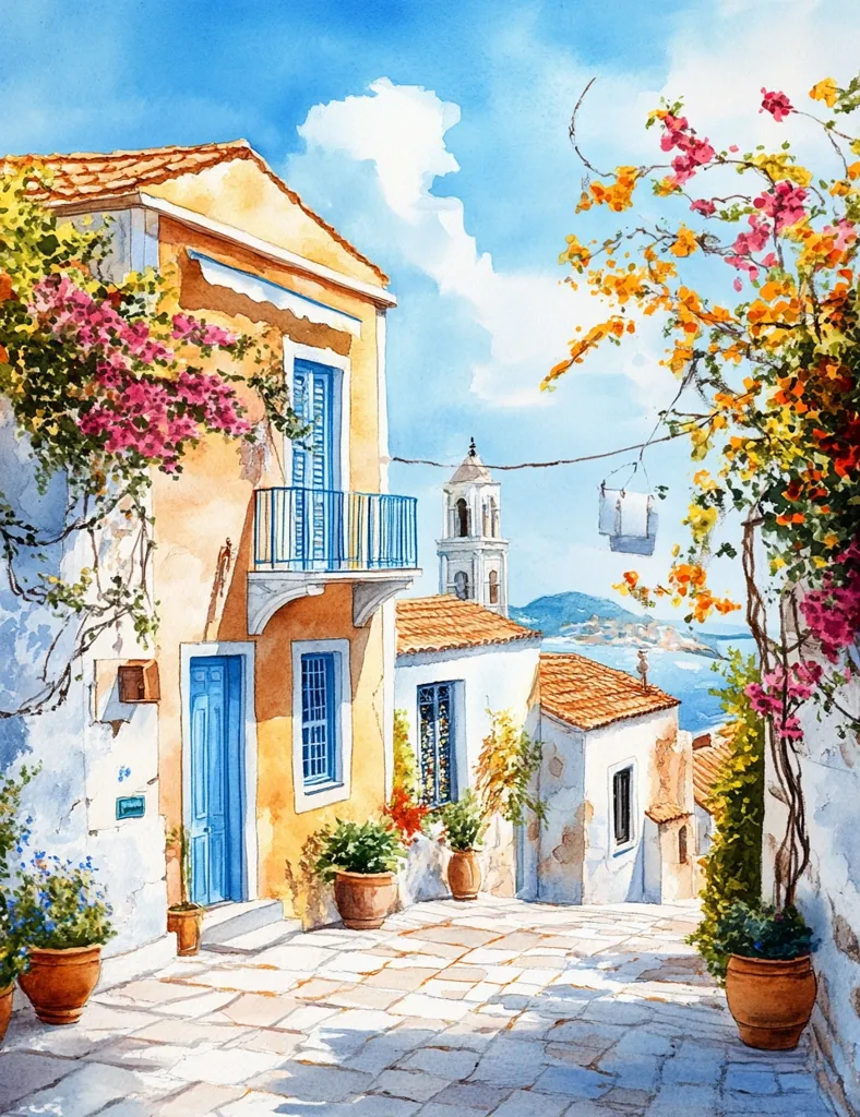 A picturesque Mediterranean street scene painted in watercolor. A charming yellow building with a blue door and balcony stands on the left, adorned with vibrant pink flowers. The street, paved with stone, leads towards a distant view of the sea and a bell tower. Lush greenery and colorful flowers frame the scene, adding a touch of vibrancy to the idyllic setting. The painting captures the essence of a sunny day in a quaint seaside town, evoking feelings of tranquility and beauty.