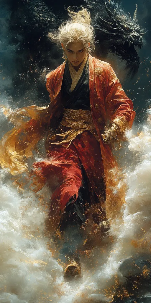 A young man with long blonde hair, dressed in a red and gold robe, stands amidst a flurry of white mist and gold dust.  He has a determined expression on his face, and his eyes are focused on something in the distance.  A large, black dragon with glowing eyes looms in the background.  The scene is full of action and energy, suggesting a powerful and epic tale.