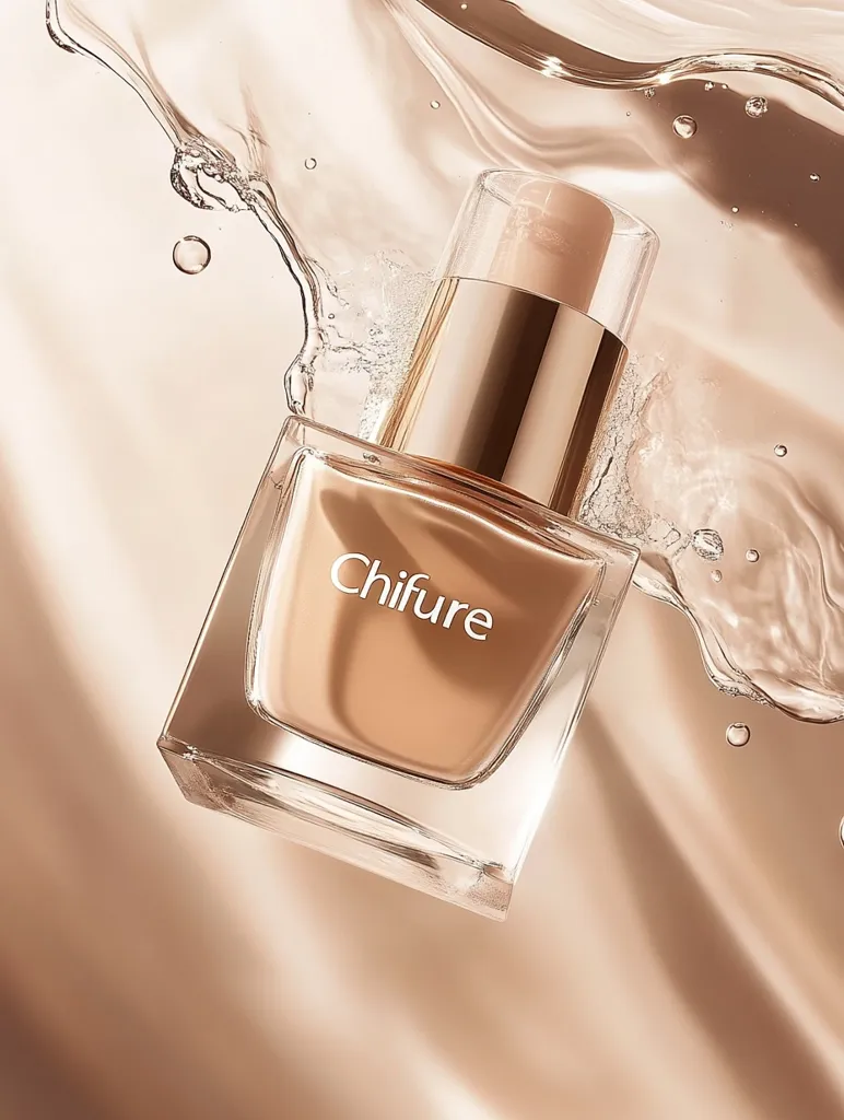 A glass bottle of Chifure foundation sits on a smooth,  golden surface. The bottle is partially submerged in clear water, which creates a ripple effect around it. The bottle has a gold cap and a clear body, which allows the light brown foundation inside to be visible. The word "Chifure" is printed in white on the bottle.  The overall image is sleek and modern, reflecting the luxury and quality of the product.