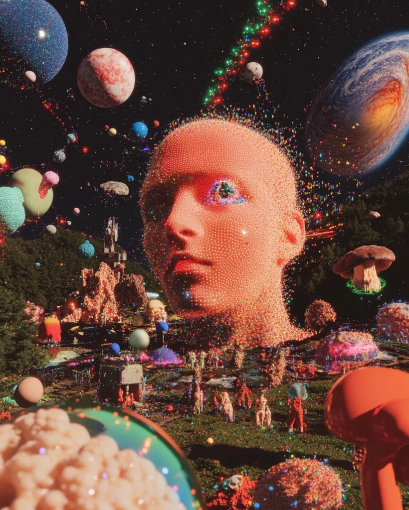 The image is a psychedelic dreamscape with a large, glowing human head in the center. The head is made up of thousands of tiny, colorful lights. Surrounding the head is a swirling, vibrant world of planets, stars, and fantastical creatures. There are giant mushrooms, colorful orbs, and a floating castle. The overall atmosphere is one of wonder, mystery, and perhaps even a hint of surrealism.