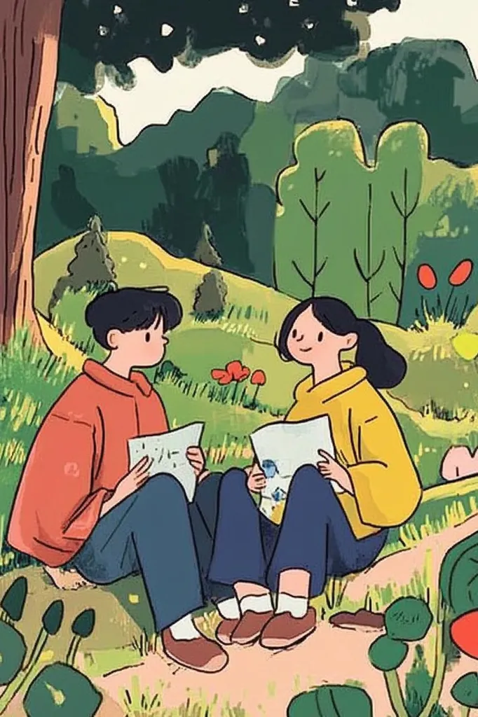 Two cartoon characters, a young man with dark hair and a woman with dark hair, sit facing each other in a forest clearing. They both are holding papers in their hands and appear to be reading or studying. The scene is bright and colorful, with lush green grass, trees, and flowers. The atmosphere is peaceful and serene.