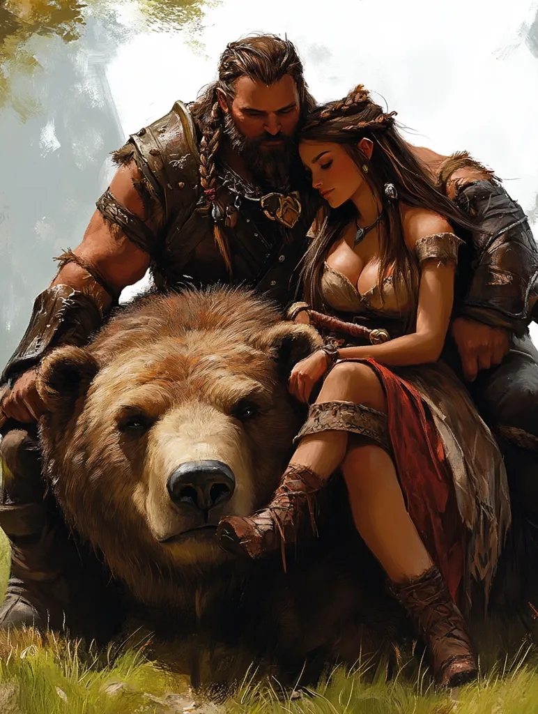 A muscular, bearded man with long hair, dressed in leather armor, rests his arm around a woman with long brown hair. She is dressed in a loose, brown tunic and a red skirt. They are both sitting on a large, brown bear in a grassy clearing. The man looks down at the woman, while she looks slightly away. The bear's face is visible, and it appears to be calm. The background is blurry and shows trees and a bright sky.  The image evokes a sense of tranquility and closeness between the couple, with the bear acting as a symbol of strength and protection.