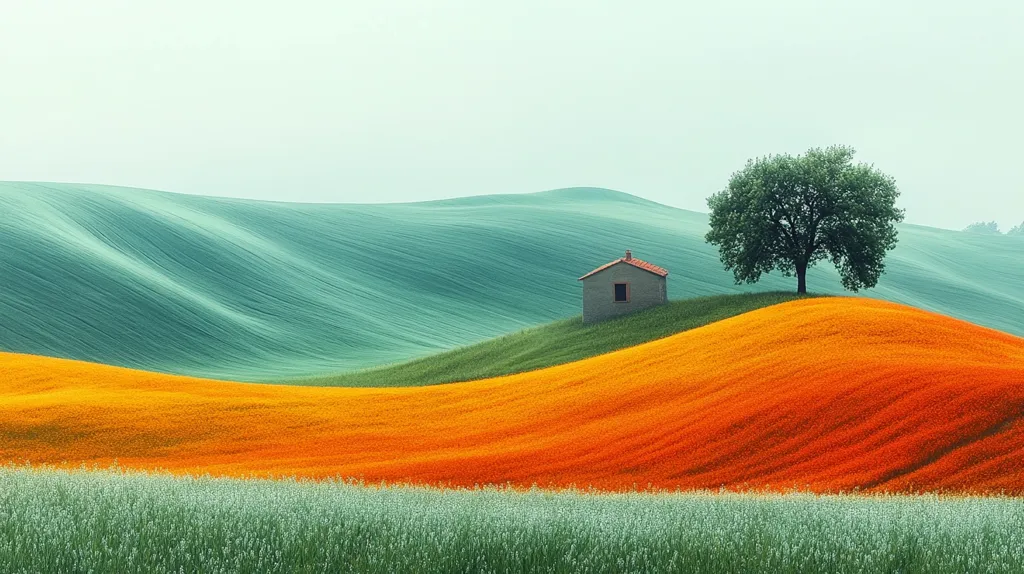 The image showcases a picturesque landscape with rolling hills, vibrant colors, and a solitary house. The foreground features a field of lush green grass, transitioning into a field of bright orange flowers, which then leads to a larger field of soft green. A small house with a red roof sits at the foot of the green hill, while a lone tree stands on the orange hill, adding a touch of tranquility to the scene. The overall composition evokes a sense of peace and natural beauty.