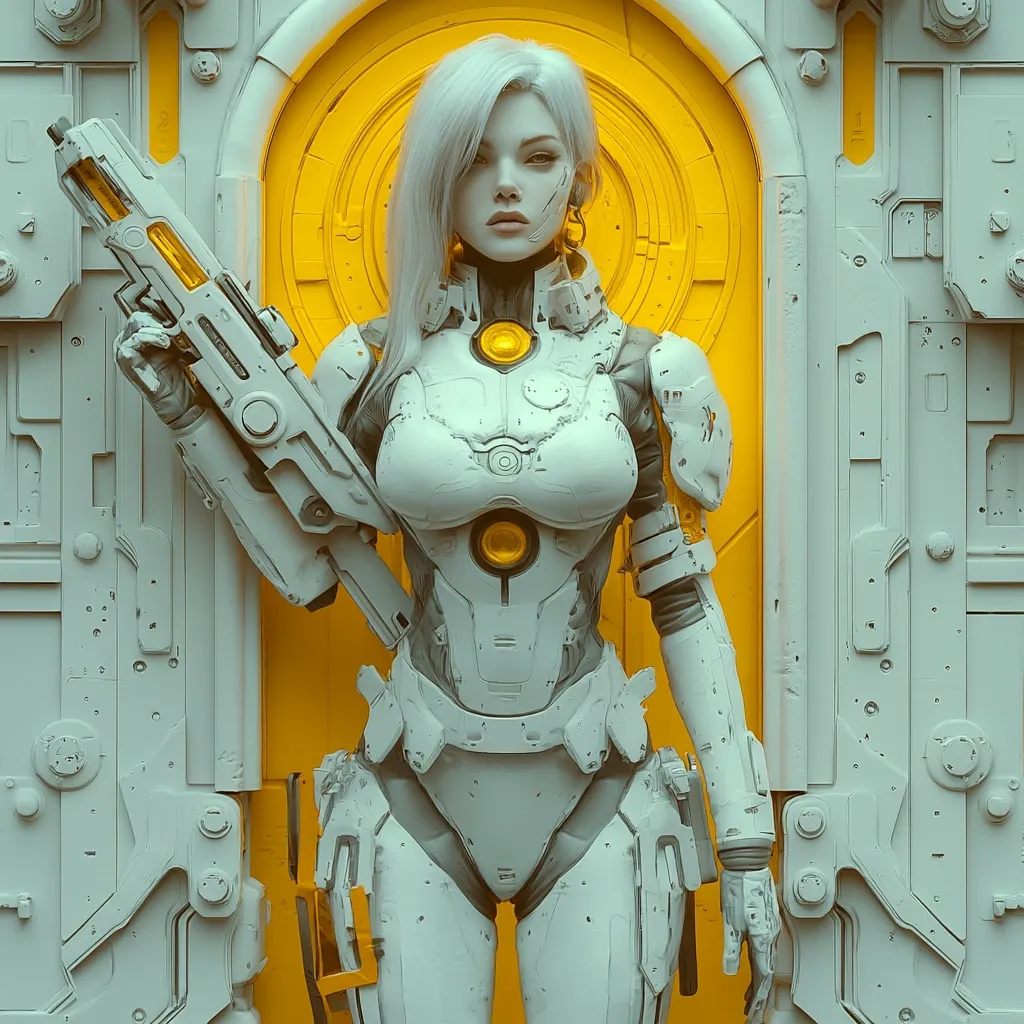 A woman with white hair and a white, futuristic armor suit stands in front of a yellow and white doorway. She holds a futuristic rifle in her left hand, and looks directly at the viewer with a serious expression. The armor has yellow accents, giving a contrast against the white and yellow background. The image has a sci-fi aesthetic.