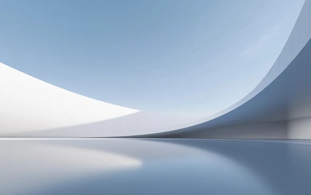 The image shows a minimalist interior with a curved white wall and a smooth, reflective floor. The wall curves upwards, creating a sense of openness and space. The floor reflects the surrounding environment, adding depth and dimension to the image. The light blue sky above peeks through the open curve, providing a subtle touch of color. The overall effect is one of simplicity and tranquility.