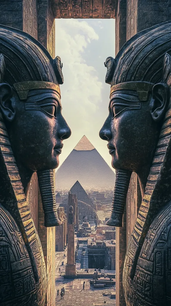 Two large, intricately carved stone statues of pharaohs face each other across a narrow opening, looking out over a sprawling view of an ancient Egyptian city. In the distance, a majestic pyramid rises against a hazy, blue sky. The statues' faces are weathered, their expressions stoic and enigmatic, suggesting a timeless guardian presence. The scene evokes a sense of ancient grandeur and forgotten secrets, transporting the viewer to a bygone era of pharaohs and pyramids.