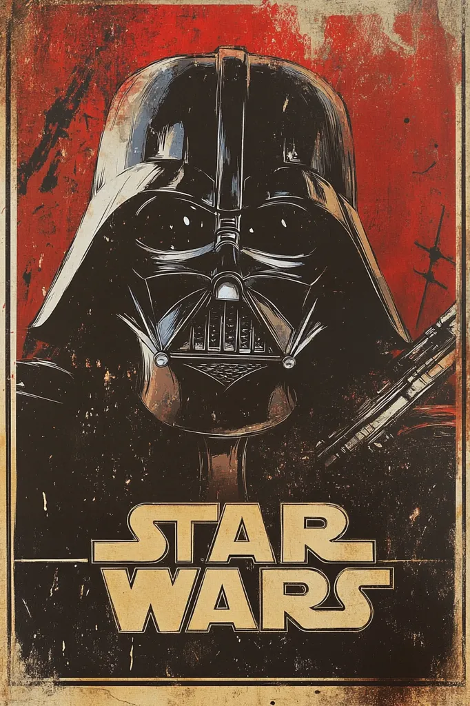 A vintage-style poster featuring Darth Vader from Star Wars. The poster has a distressed, aged look with a red, white and black color scheme. Darth Vader's helmet is the focal point of the poster, with a dark and imposing presence. The text "STAR WARS" appears in a bold, yellow font at the bottom of the poster. The overall tone of the poster is dark and dramatic, conveying the power and intimidation of Darth Vader.