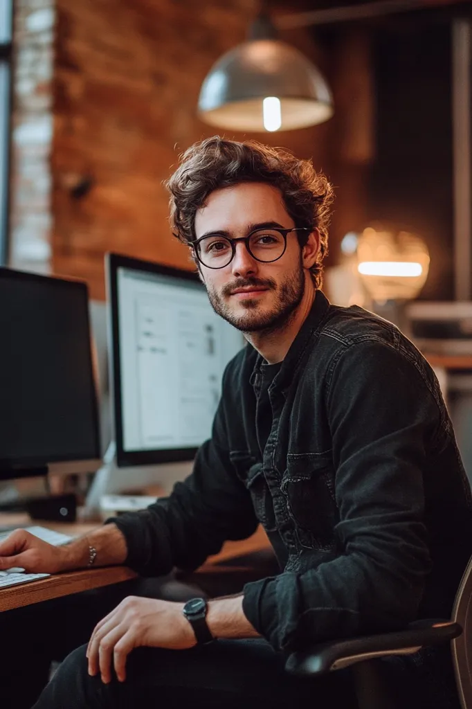 A young man with curly brown hair and a beard sits in front of two computer monitors. He is wearing glasses and a black denim jacket. His left hand rests on his right thigh and his right hand is on the table in front of him. The background is a blurry image of a wooden wall and a lamp. He looks directly at the camera with a serious expression.  The image is well-lit and the focus is sharp.  The man appears to be focused on something outside of the image.