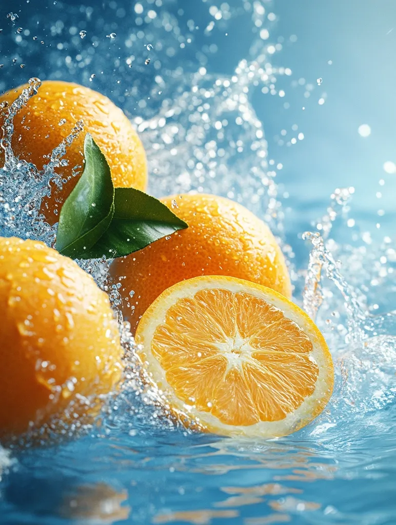 A close-up shot of fresh oranges submerged in water. The oranges are partially cut, revealing the juicy flesh. Water droplets splash around the fruit, creating a vibrant and refreshing scene. The oranges are a bright yellow, contrasting beautifully with the cool blue of the water. A few green leaves add a natural touch to the composition.  The image evokes a sense of summertime and a thirst-quenching drink.
