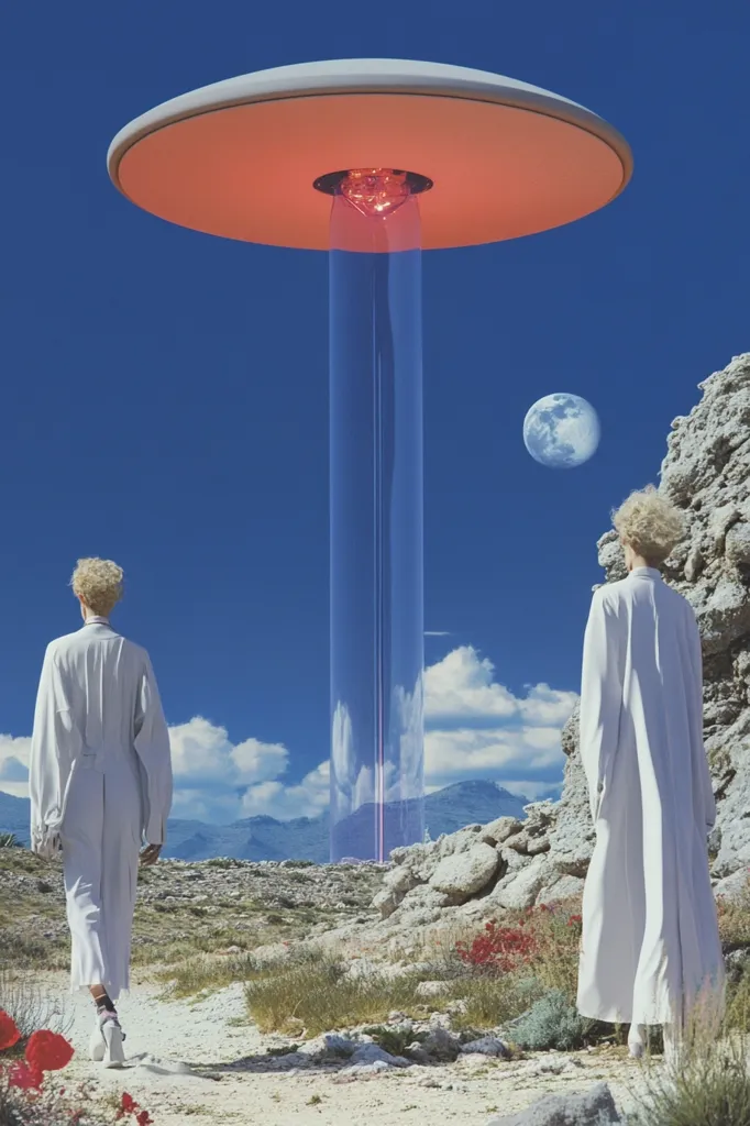 Two figures in white robes stand in a desolate, rocky landscape, gazing towards a large, glowing, disc-shaped object hovering above a transparent pillar. The sky is a vibrant blue, and a full moon hangs in the distance. The scene evokes a sense of mystery and wonder, suggesting an encounter with something extraordinary.