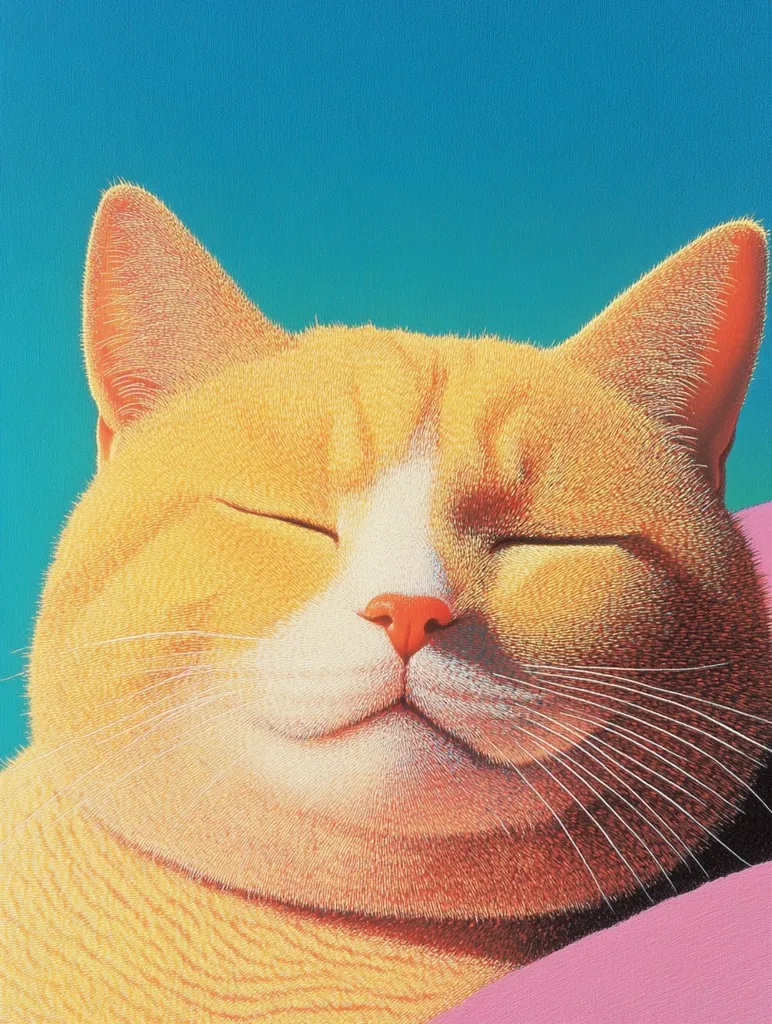 A close-up of a fluffy orange and white cat with its eyes closed, a pink surface behind it. The cat's fur is rendered with delicate brushstrokes, creating a sense of warmth and softness. The cat's relaxed expression and soft fur evoke a feeling of peace and contentment. The blue background adds a vibrant touch to the image. The overall effect is one of tranquility and serenity.