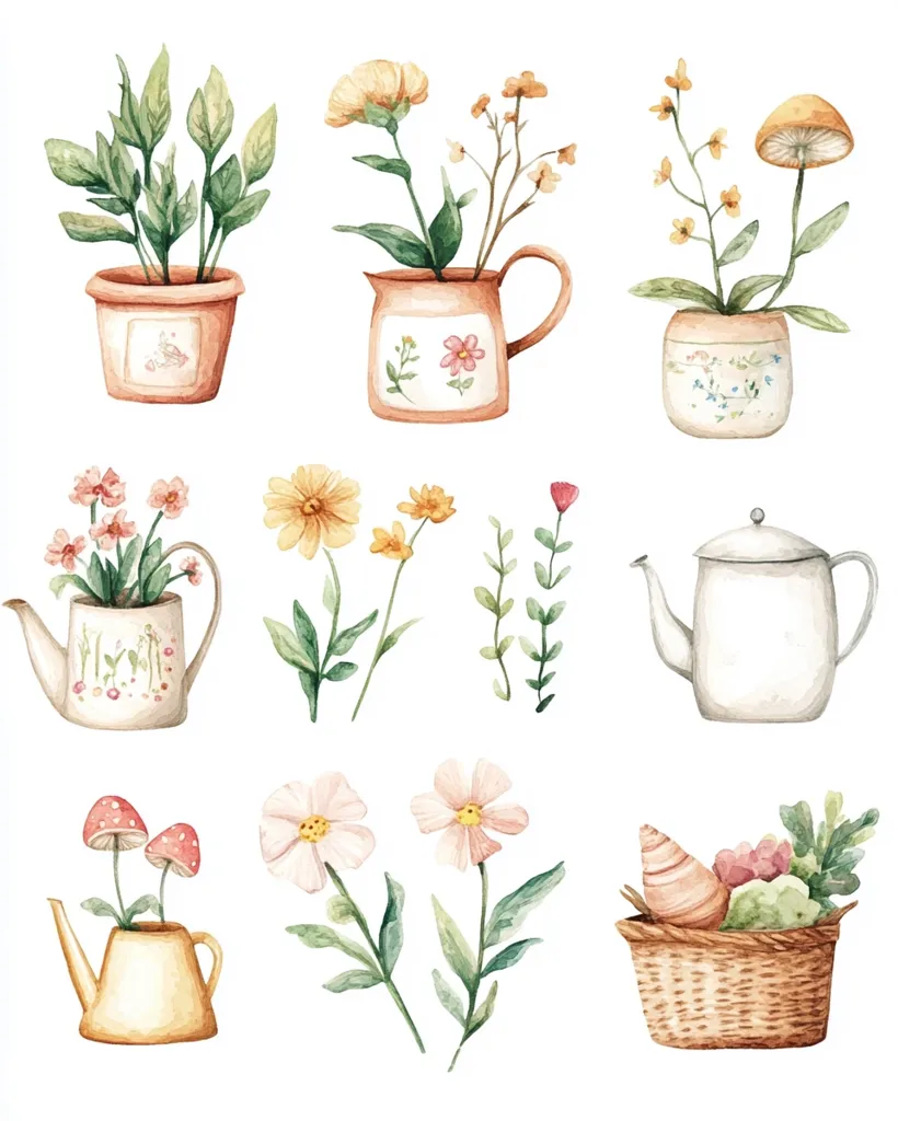 This watercolor illustration features a collection of floral and garden elements. The image includes potted plants, wildflowers, a teapot, a mushroom, a basket filled with flowers and shells, and a watering can. The overall style is whimsical and charming, with delicate details and vibrant colors. The image evokes a sense of springtime and the beauty of nature.