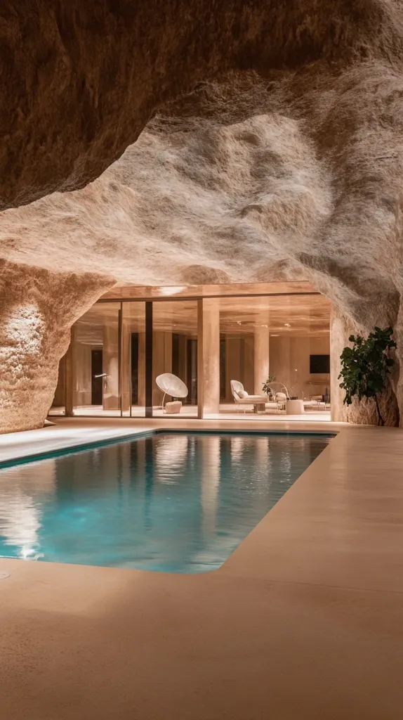 The image shows a swimming pool inside a cave. The pool is surrounded by smooth, light-colored stone walls. The ceiling is a natural rock formation, with a rough and textured surface. Sunlight filters in through the open entrance of the cave, casting soft shadows on the walls. A few lounge chairs and a lamp are visible in the background, suggesting that this is a luxurious and relaxing space.