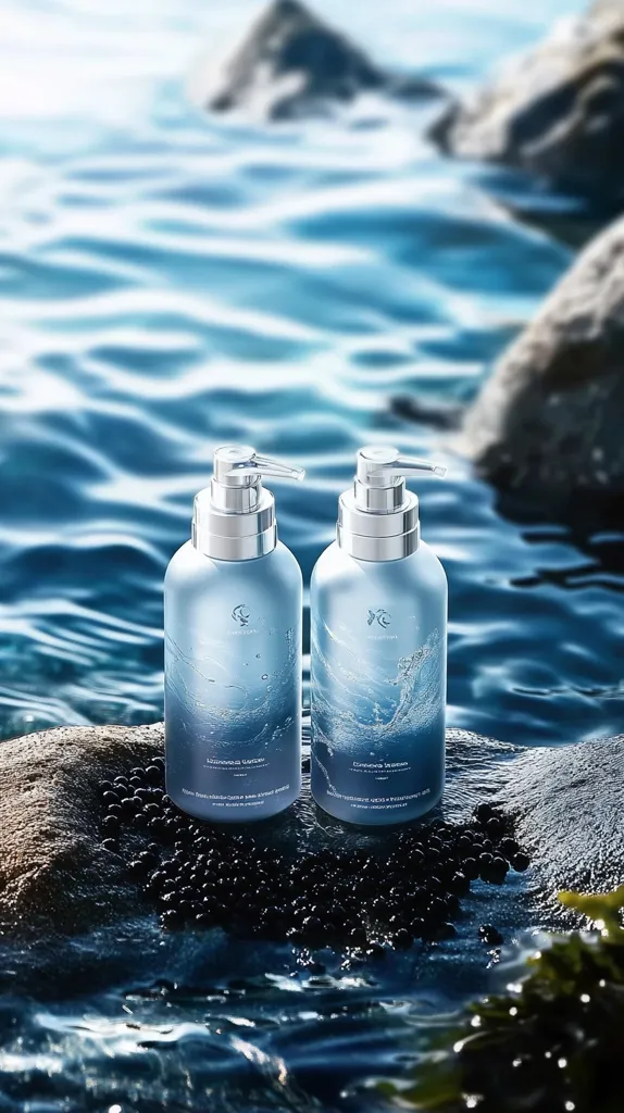 Two sleek, blue bottles with silver pumps sit on a rock surrounded by water. The bottles are labeled "Deep Sea Water" and "Eminence Lagoon" and have an ocean-themed design. The water is clear and blue, with sunlight reflecting off its surface. The scene is tranquil and inviting.