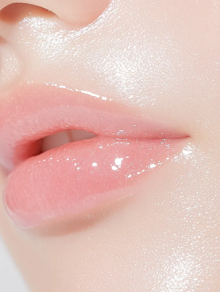 A close-up of a person's lips with a shiny, pink gloss applied. The skin is smooth and dewy, with a subtle shimmer. The light catches the gloss, creating a wet and glossy look. The image focuses on the beauty of the lips, highlighting the smooth texture and the effect of the gloss.