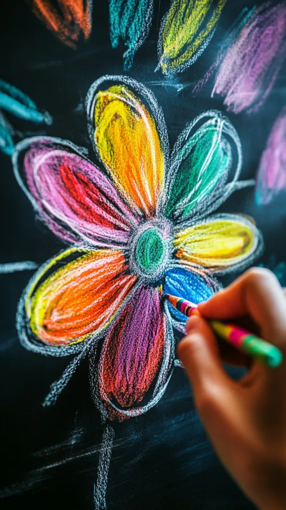 A hand holds a rainbow crayon and adds a final touch of color to a brightly colored flower drawn on a black chalkboard. The flower is a simple design, with five petals in vibrant hues of pink, orange, yellow, green, and blue. It's a simple, yet beautiful artwork, capturing the joy of creativity.