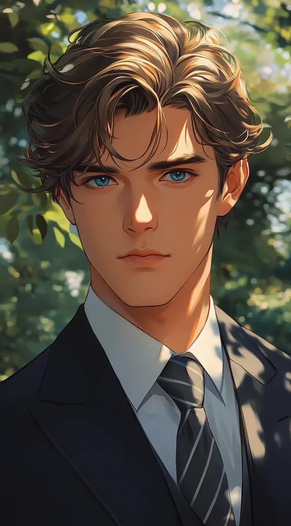 The image depicts a young man with brown hair styled in a modern way. He is wearing a black suit with a white shirt and a black and white striped tie. His piercing blue eyes and sharp jawline give him a handsome appearance. He is standing in a garden setting with green foliage in the background, with sunlight casting shadows on his face and suit. The overall mood is sophisticated and stylish.