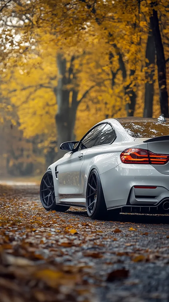 A white BMW M4 is parked on a gravel road in a forest. The car is facing away from the camera and the rear wheel is in focus. The background is blurred and shows the autumn leaves in various shades of yellow and brown. The road is covered in leaves.  The car is positioned on the right side of the image with the forest on the left side.  The car appears to be new and shiny.  The photo has a low angle, making the car look large and imposing.  The focus on the rear wheel suggests that the photo was taken by a car enthusiast.