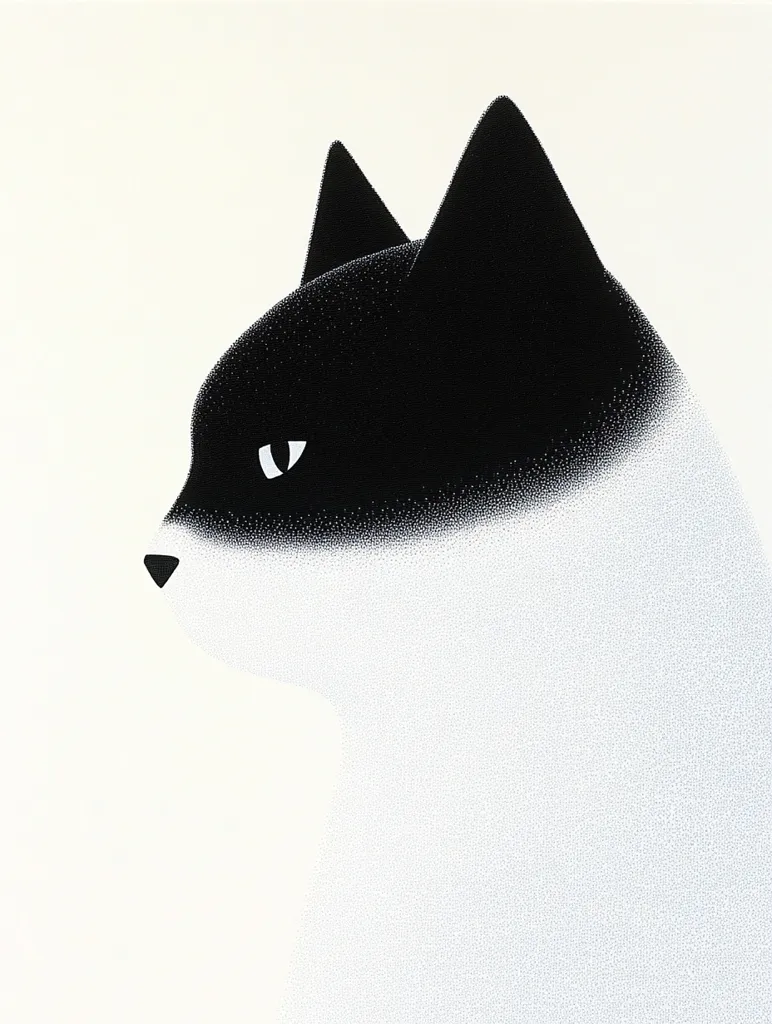 The image is a black and white illustration of a cat's head in profile. The cat's head is turned to the left and its eye is visible, looking intensely at something out of frame. The cat's fur is rendered with tiny dots, creating a textured effect. The background is a soft white. The overall impression is one of quiet intensity and focus.