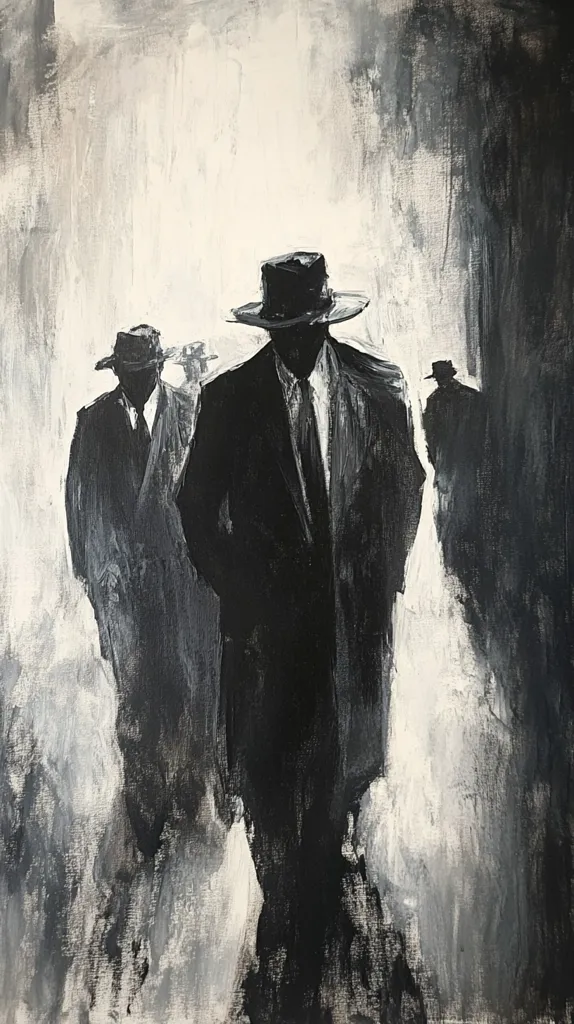 The painting depicts three men in suits and hats walking down a street, their faces obscured by the shadows. The background is a hazy white, with hints of grey. The painting is done in a stylized, minimalist style, with the figures and background rendered in broad strokes of black and white. It evokes a sense of mystery and intrigue, perhaps suggesting a scene from a film noir.  The figures are depicted with a sense of anonymity, adding to the overall sense of mystery and intrigue.